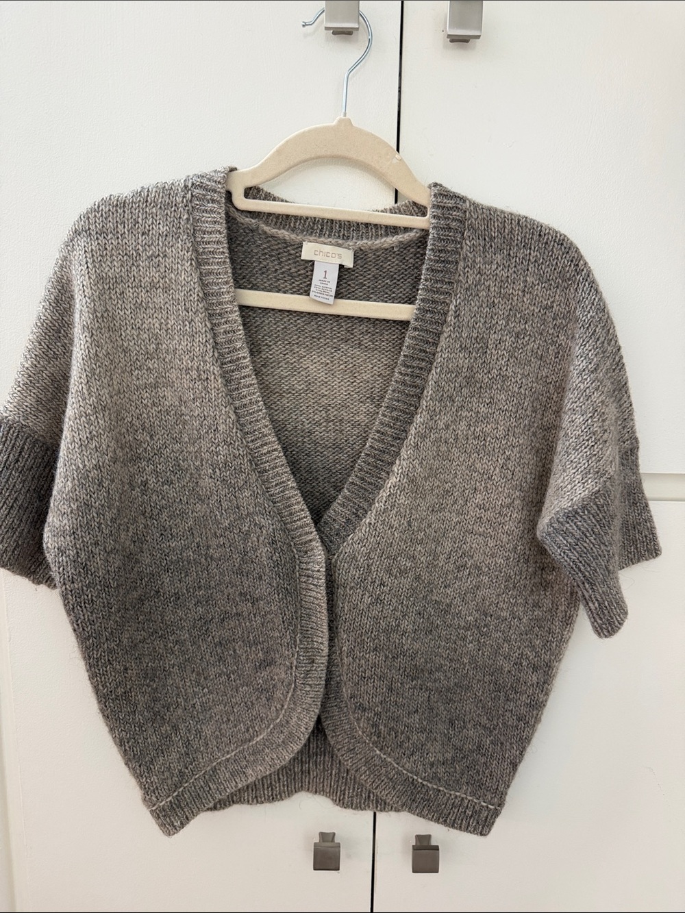 Chico's Heather Gray V-Neck Short-Sleeve Open Cardigan